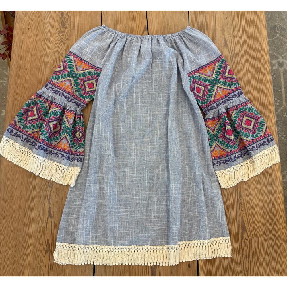 Velzera Off the Shoulder Blue Embroidered Fringe Hem Dress Small